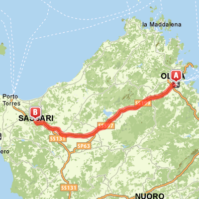 Mappa del percorso dall'aeroporto di Olbia